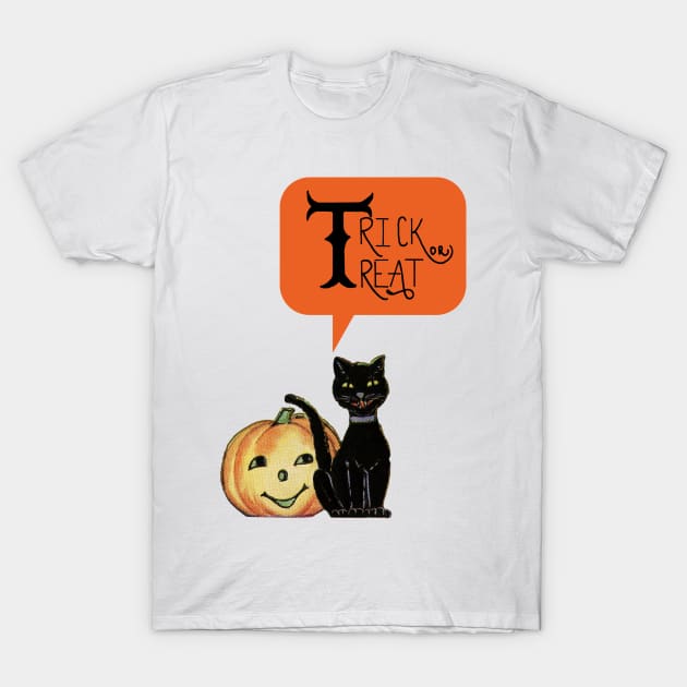 Halloween Black Cat with Pumpkin saying Trick or Treat T-Shirt by RedThorThreads